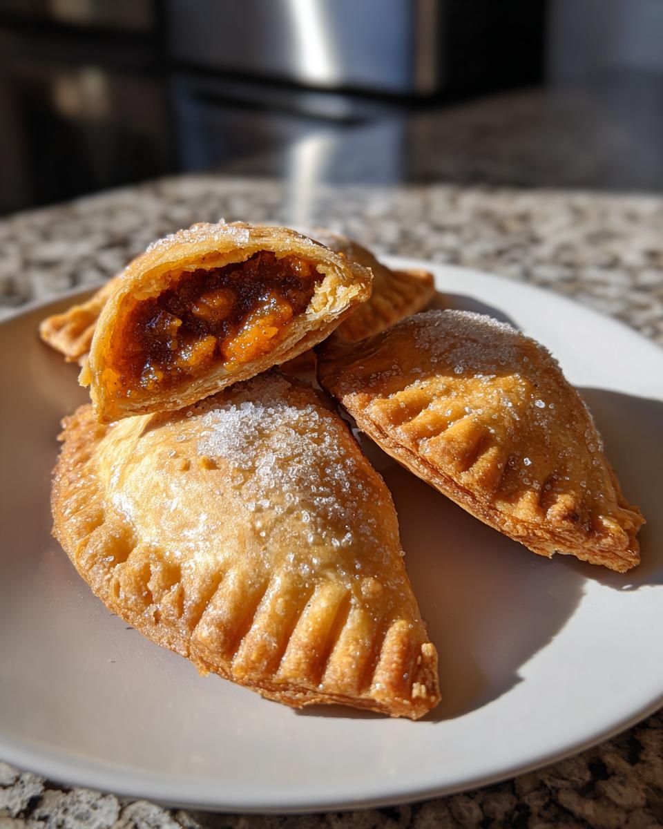 Close-up of golden baked pumpkin empanadas dusted with sugar, one cut open showing the filling.