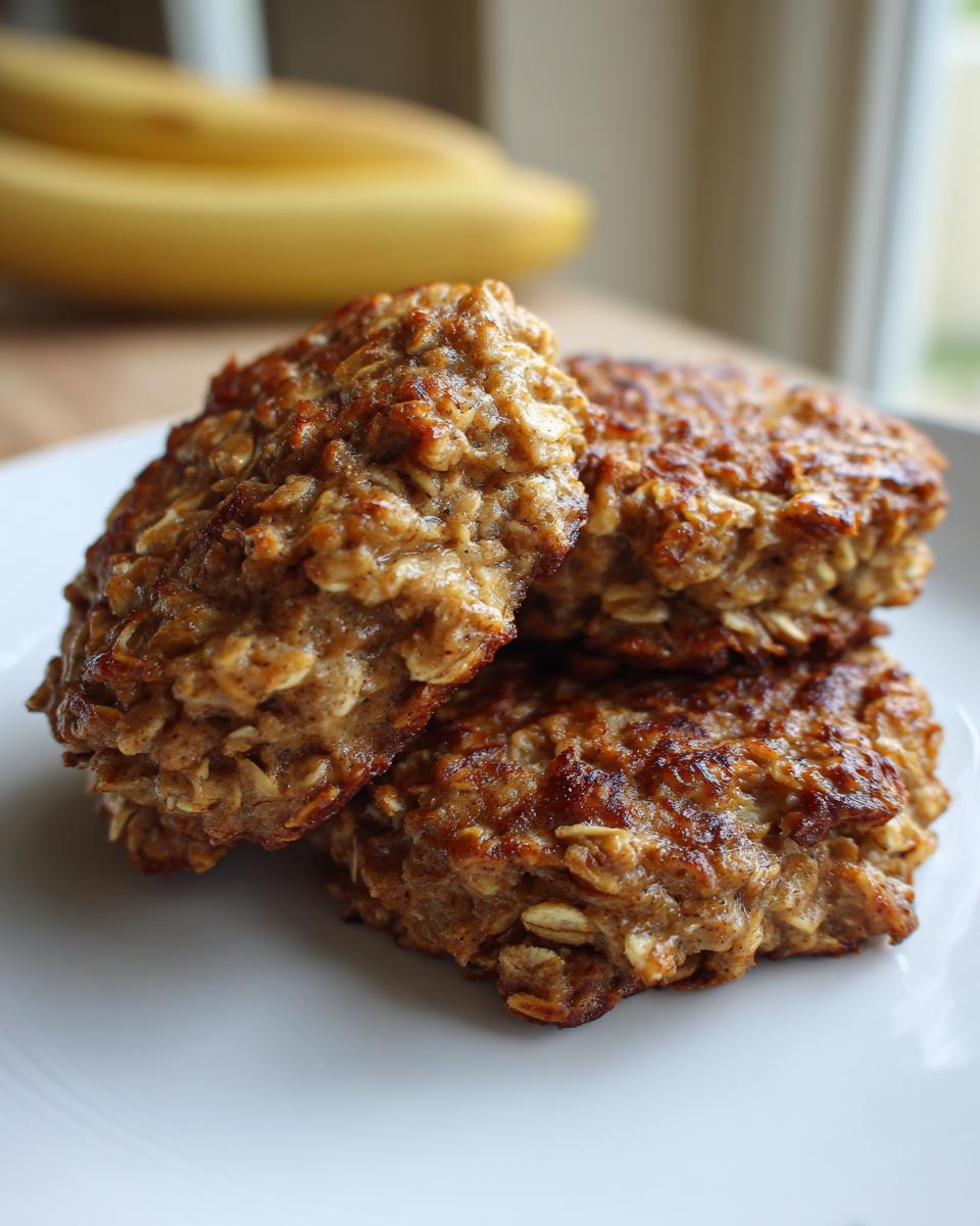 Close-up of three textured, golden-brown breakfast cookie oat stacks on a white plate, with bananas blurred in the background.
