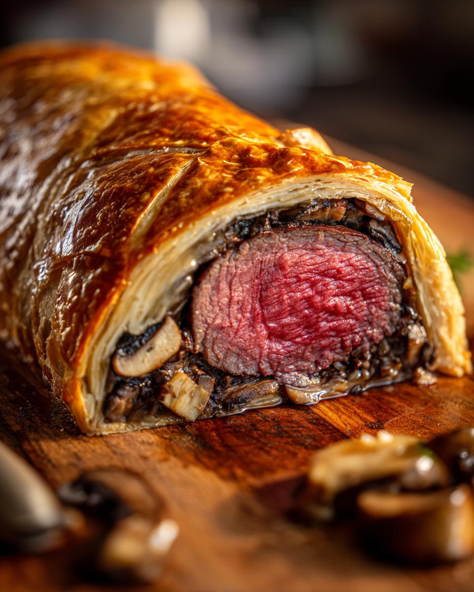 Close-up of a perfectly cooked beef wellington recipe showing medium-rare beef center wrapped in duxelles and golden puff pastry.