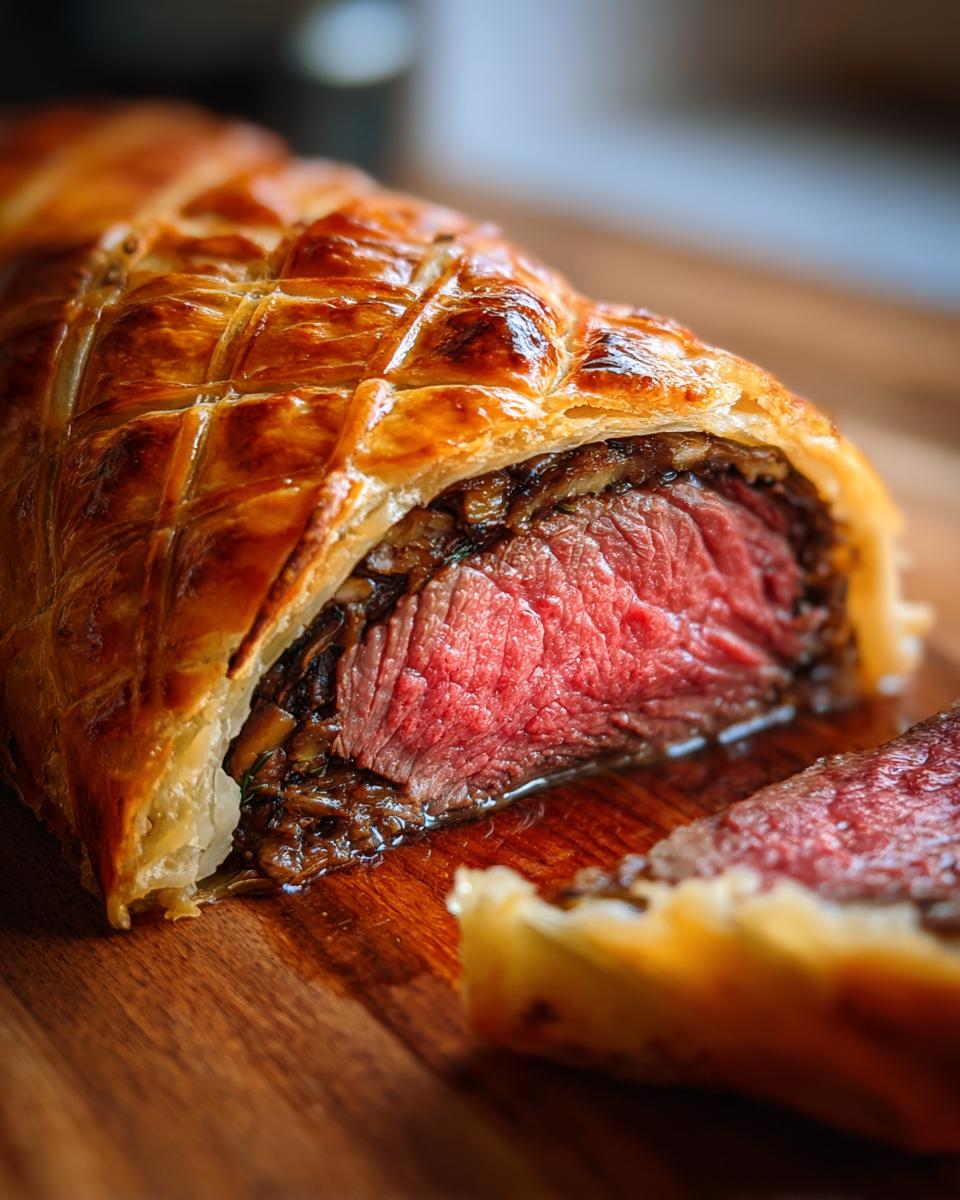 Close-up of a stunning beef wellington recipe slice showing medium-rare pink center and golden puff pastry.