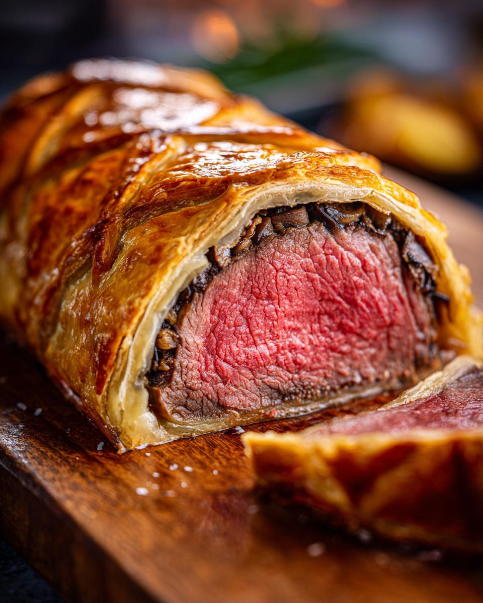 Close-up of a perfectly cooked beef wellington recipe slice showing medium-rare pink center and golden puff pastry.