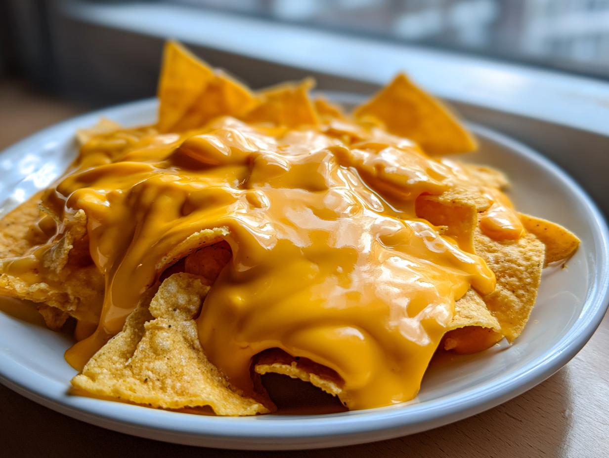A plate piled high with tortilla chips smothered in thick, bright yellow nacho cheese sauce.