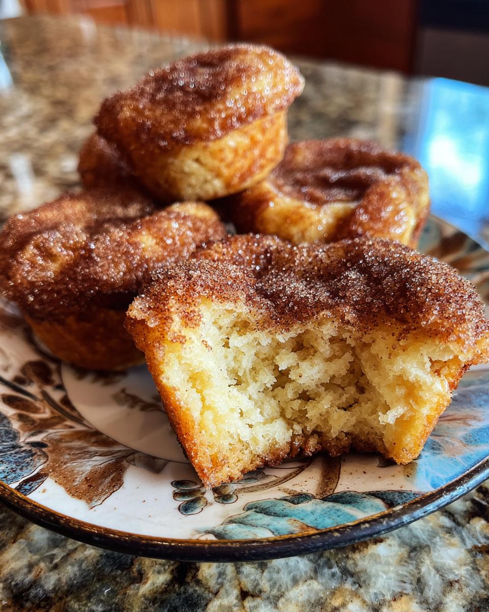Close-up of a stack of french toast muffins, one bitten to show the fluffy interior and cinnamon sugar crust.