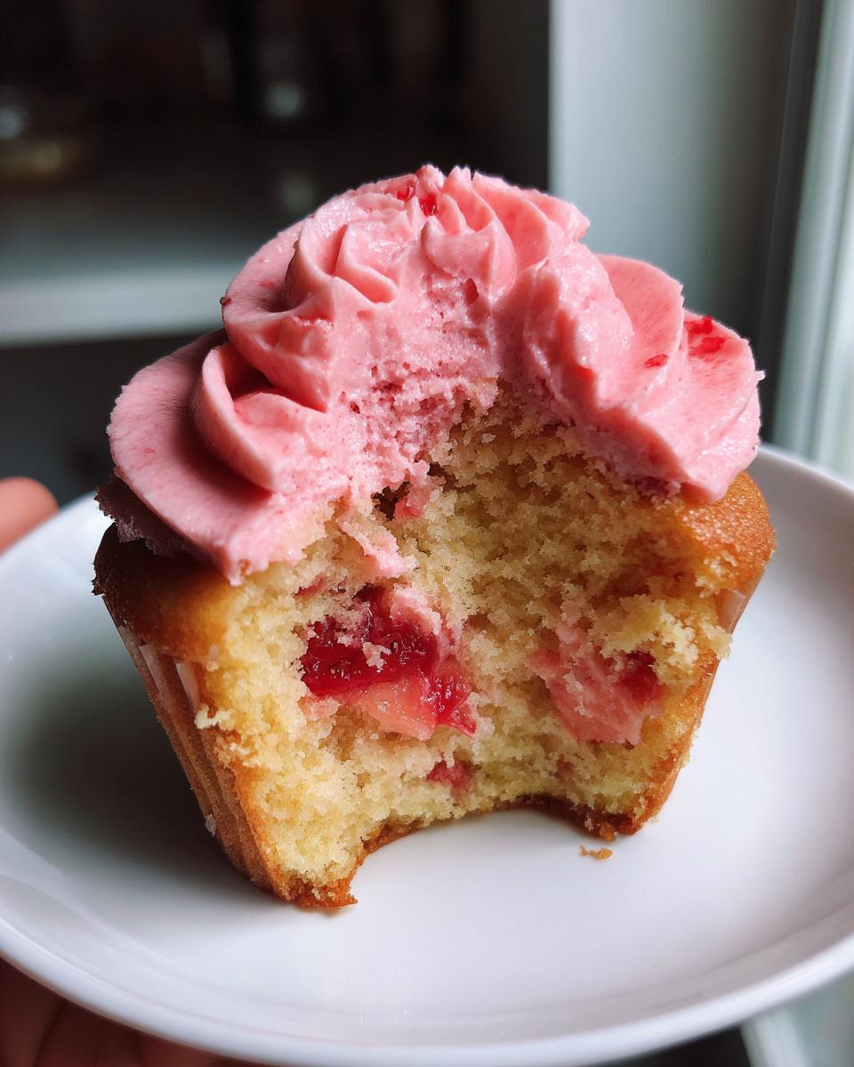 Close-up of a strawberry cupcake with a bite taken out, showing the moist cake and strawberry filling inside.