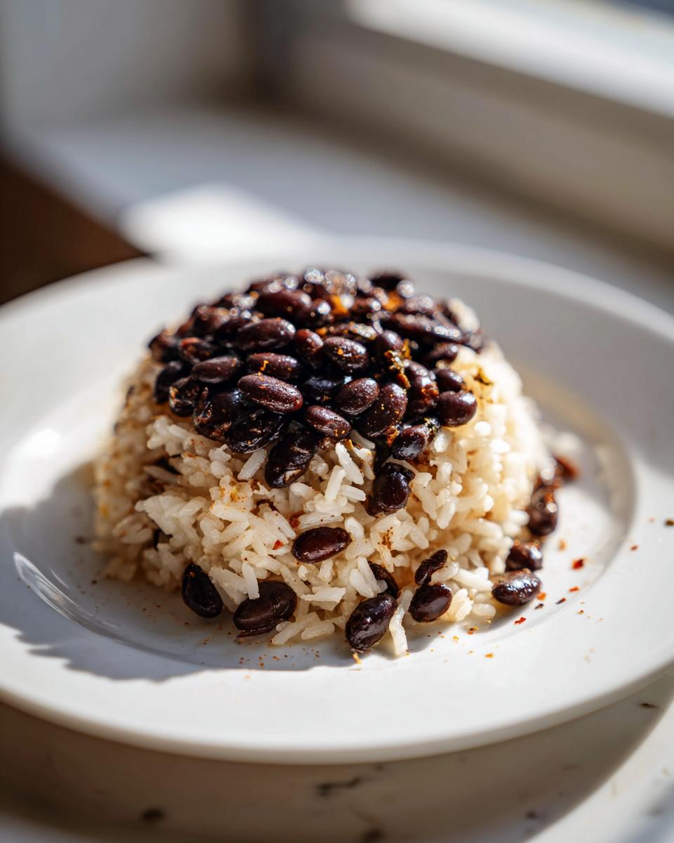 A mound of white rice topped generously with glossy black beans and spices on a white plate.