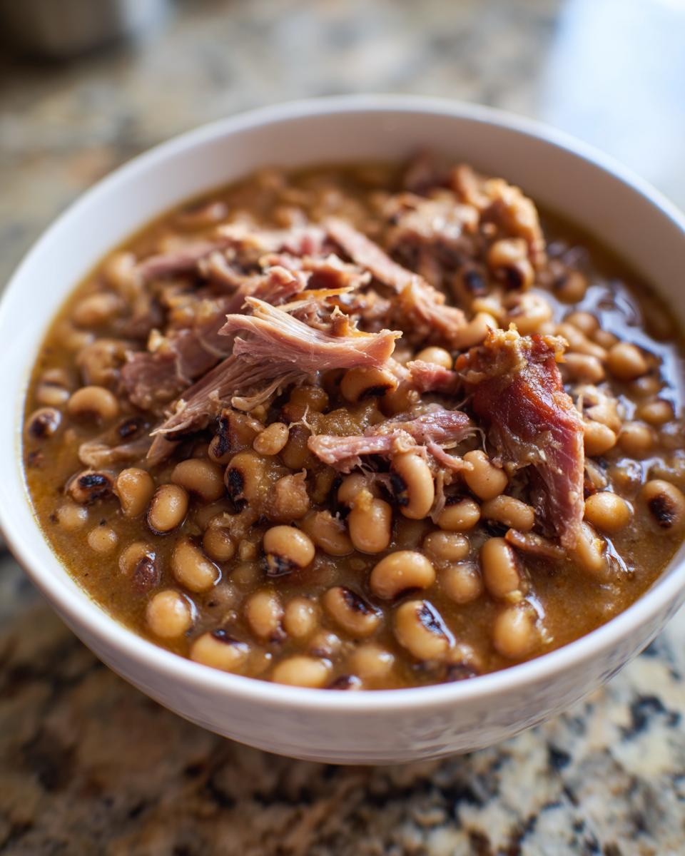 Close-up of a white bowl filled with savory black eyed peas and shredded smoked ham.