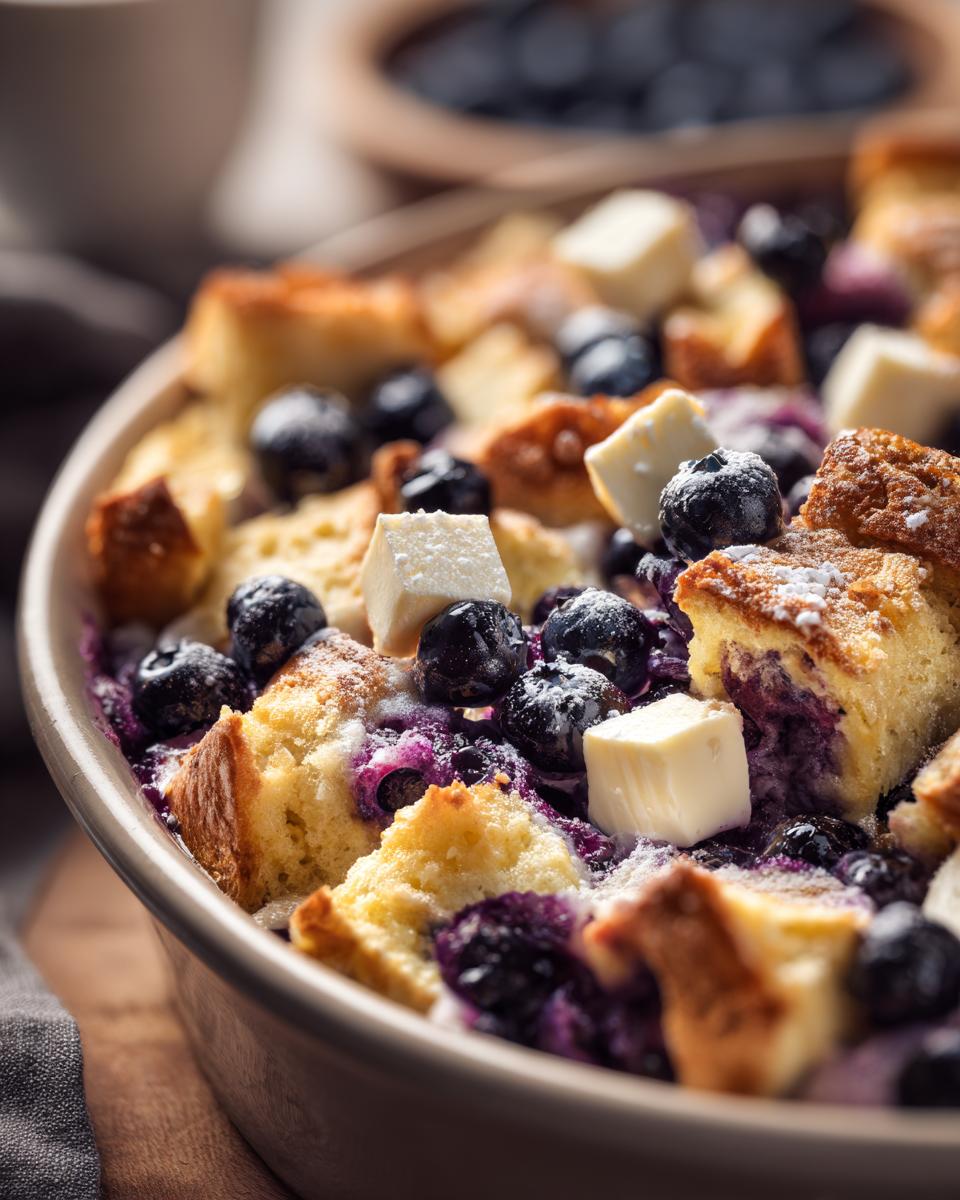 Close-up of baked Blueberry French Toast Casserole topped with fresh blueberries and cubes of butter.