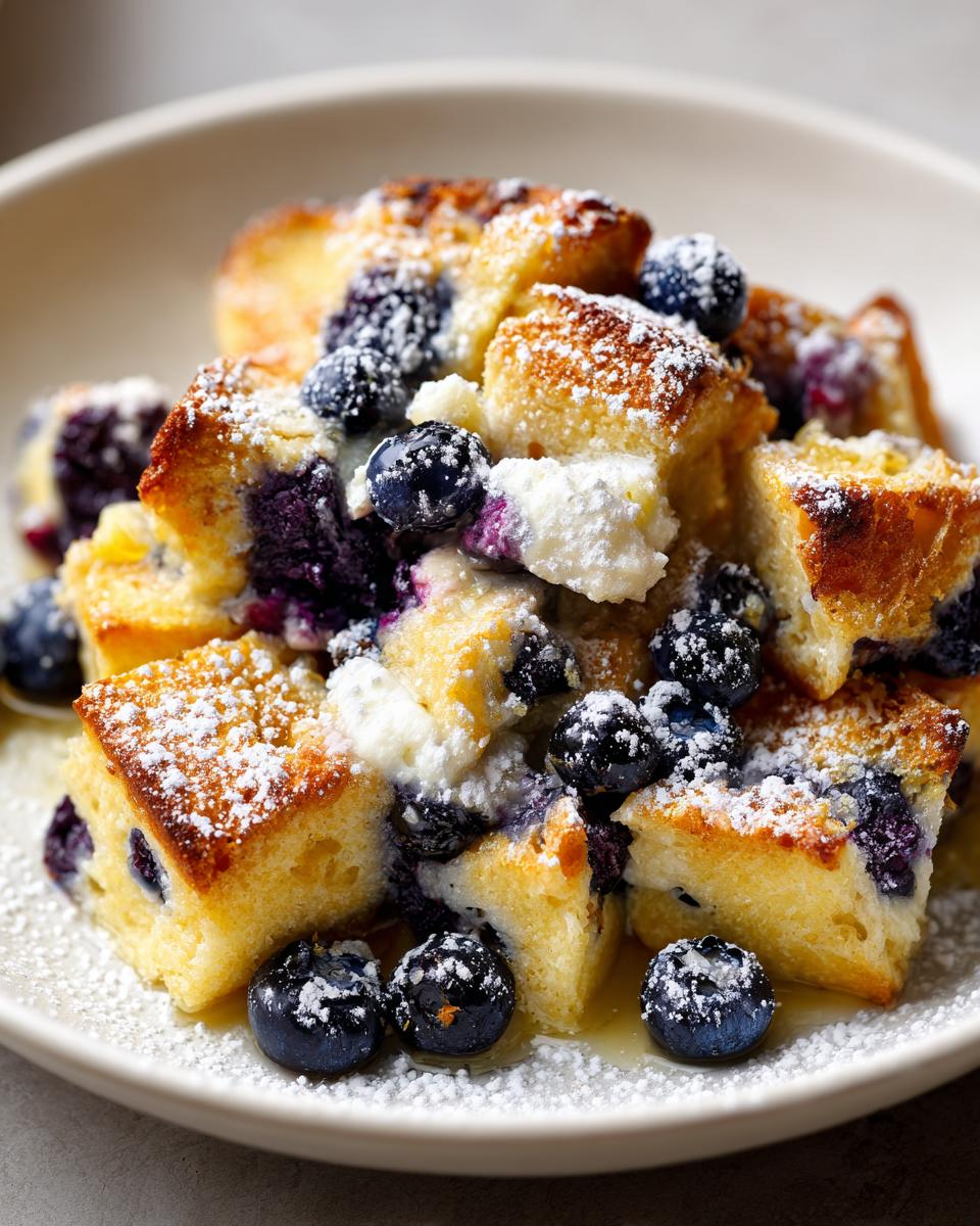 Close-up of a serving of Blueberry French Toast Casserole cubes topped with fresh blueberries and powdered sugar.
