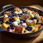 Close-up of baked Blueberry French Toast Casserole in a cast iron skillet, topped with blueberries and cream cheese dollops.