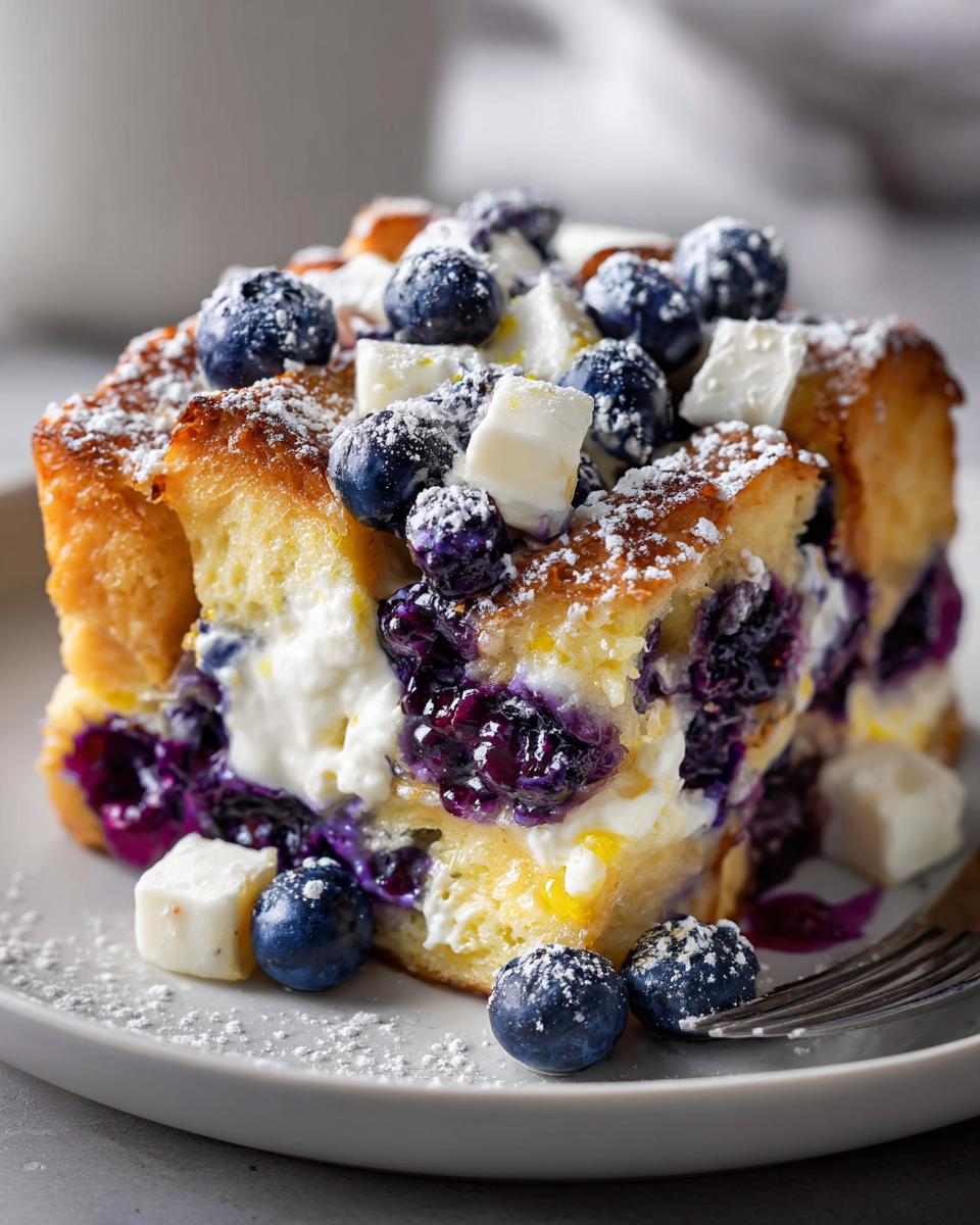 Close-up of a serving of Blueberry French Toast Casserole topped with fresh blueberries and cream cheese cubes.