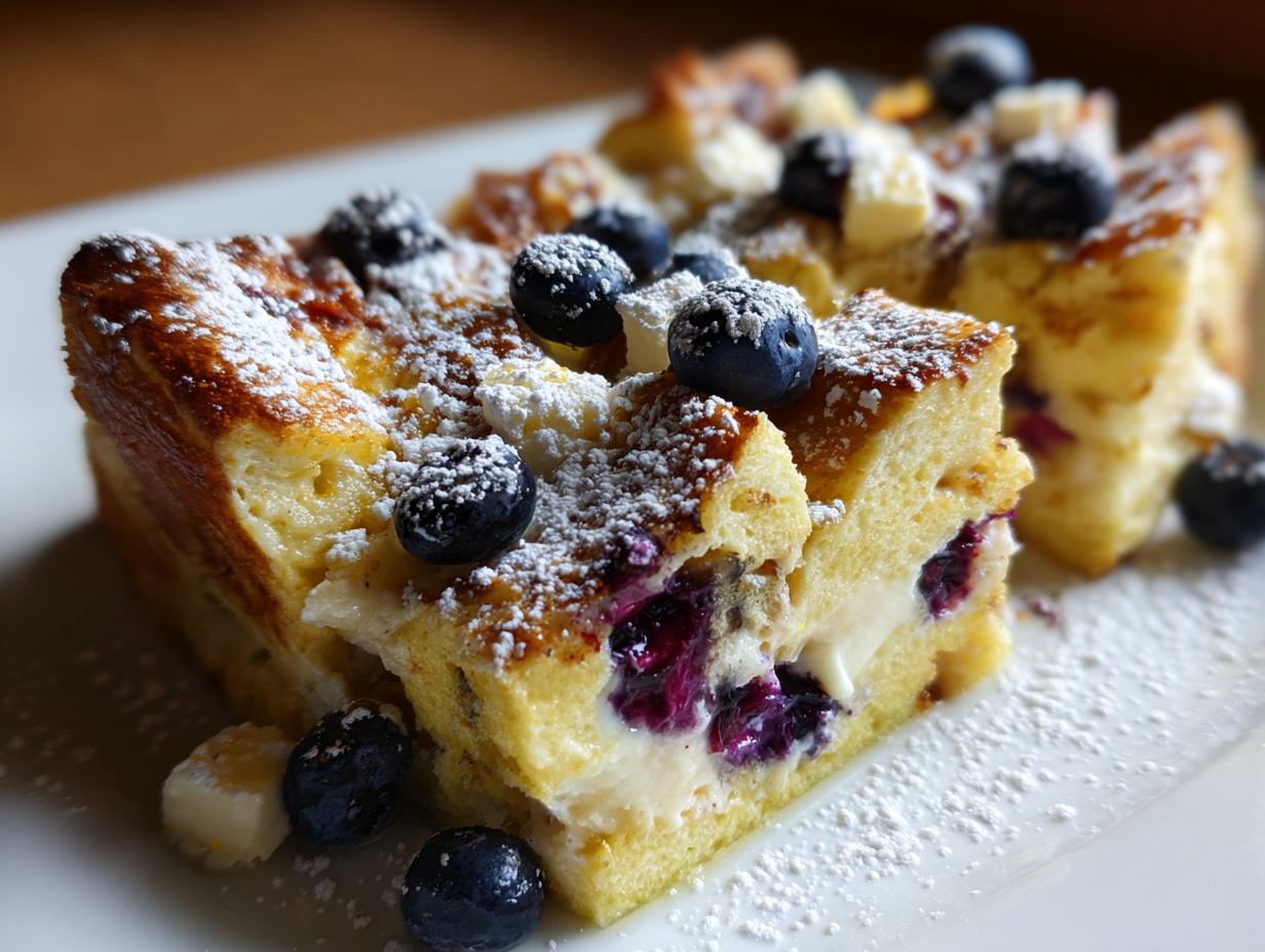 Close-up of a slice of rich Blueberry French Toast Casserole topped with fresh blueberries and powdered sugar.