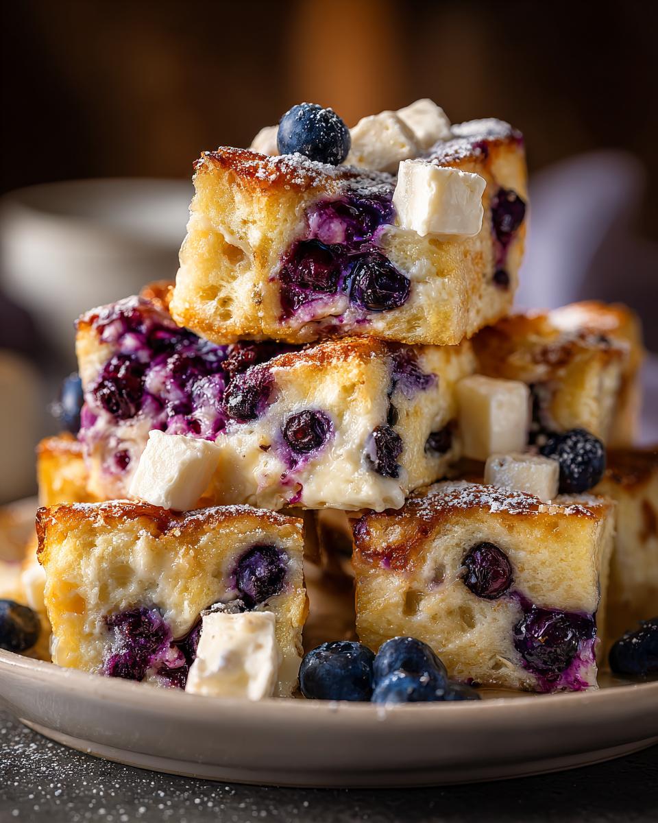 A stack of golden squares of Blueberry French Toast Casserole, topped with fresh blueberries and cream cheese cubes.