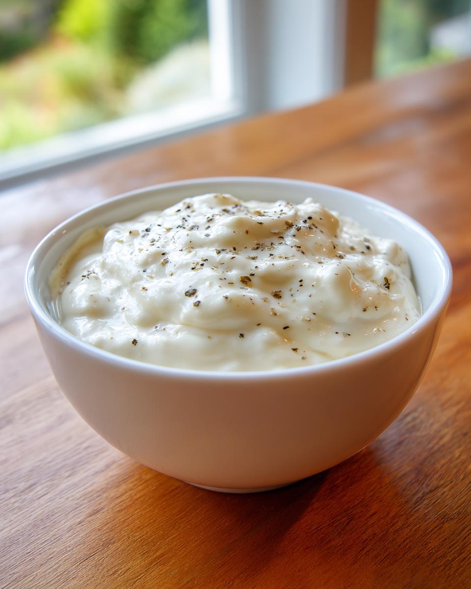 A white bowl filled with thick, creamy homemade alfredo sauce, topped with cracked black pepper.