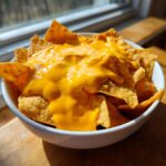 A white bowl filled with tortilla chips generously covered in bright, melted nacho cheese sauce.