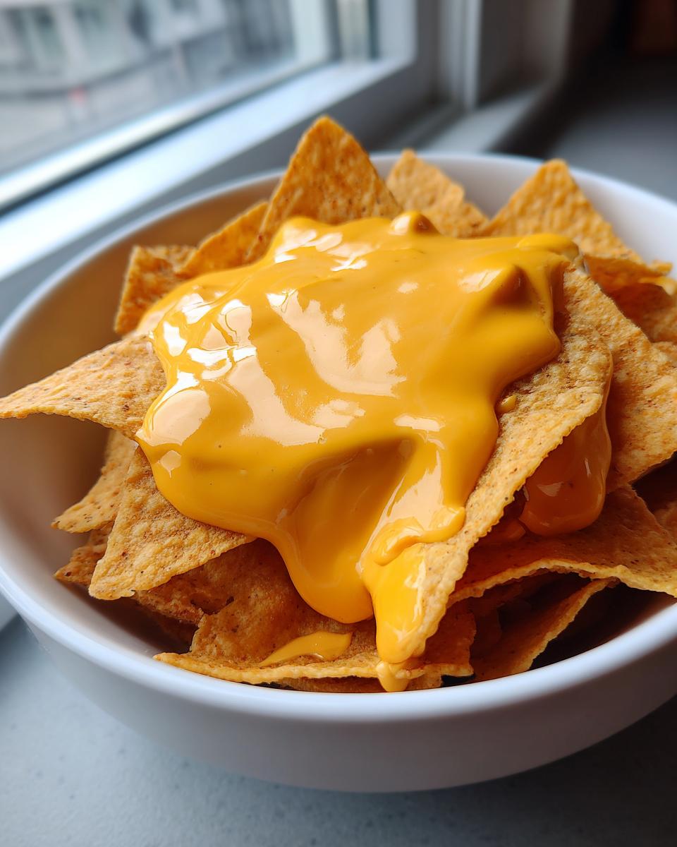 A white bowl filled with tortilla chips generously topped with smooth, melted nacho cheese sauce.