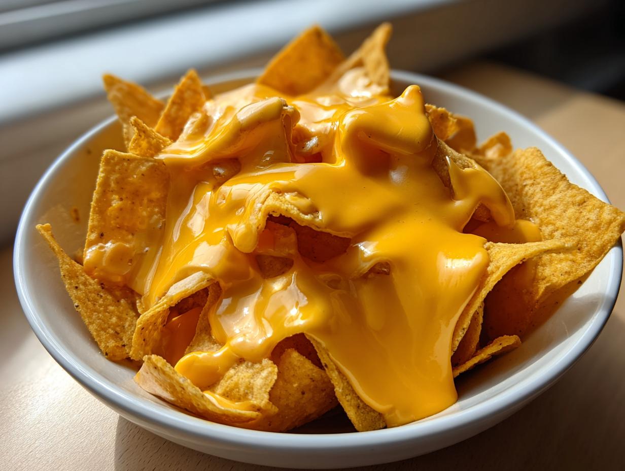Close-up of tortilla chips generously covered in smooth, bright yellow nacho cheese sauce in a white bowl.