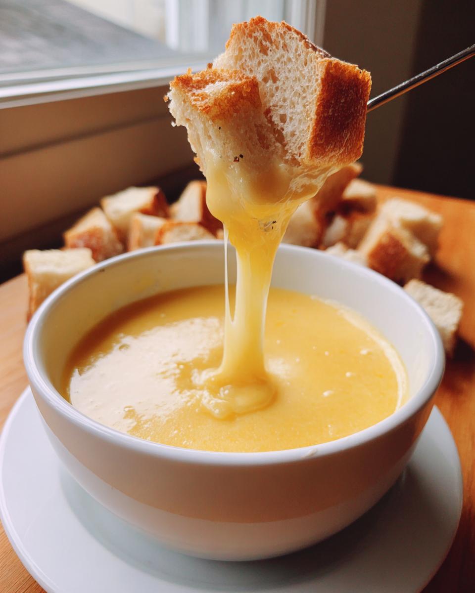 A piece of toasted bread being dipped into a bowl of smooth, melted cheese fondue, showing a long cheese pull.