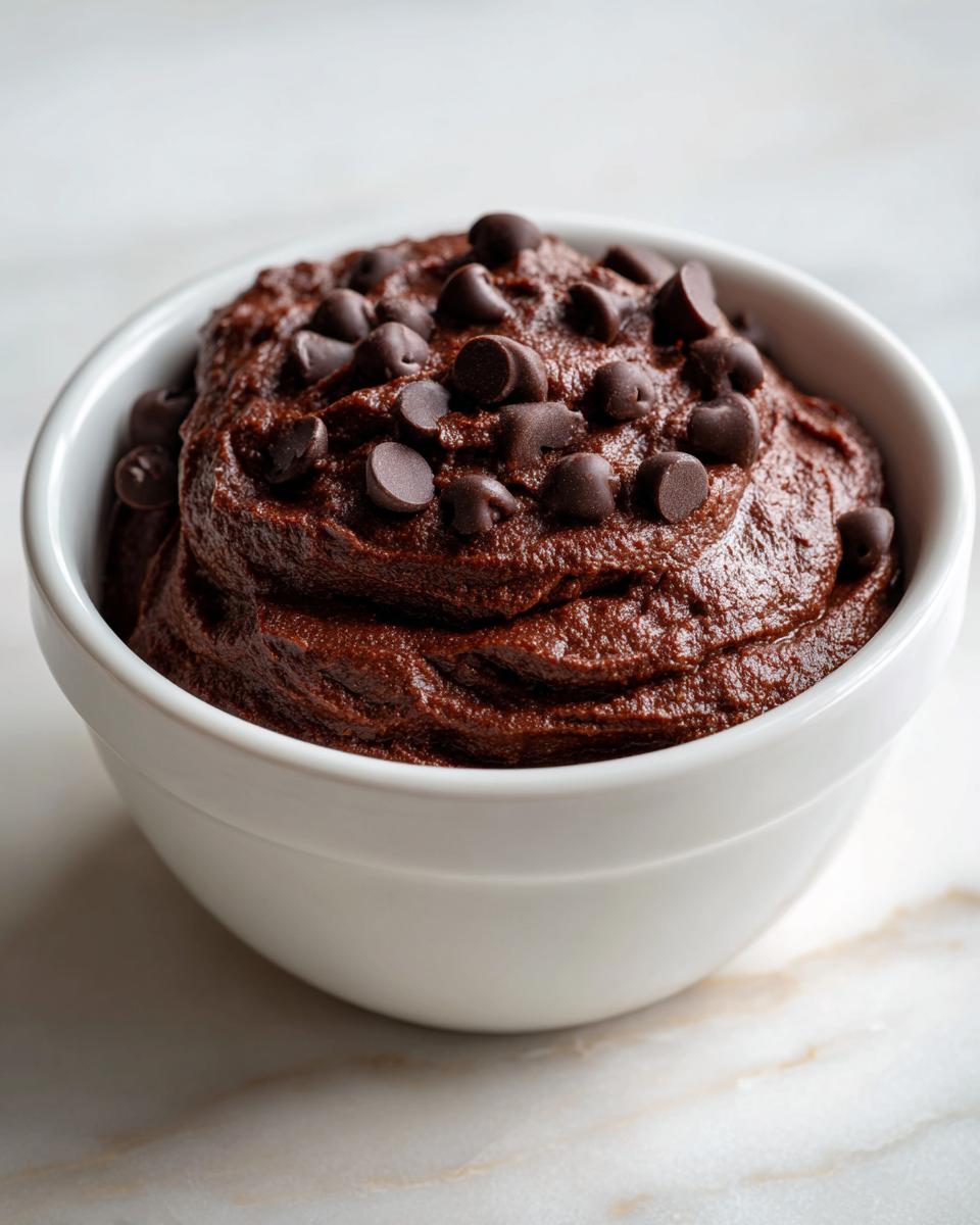 Close-up of rich, dark brownie batter dip in a white bowl, generously topped with chocolate chips.