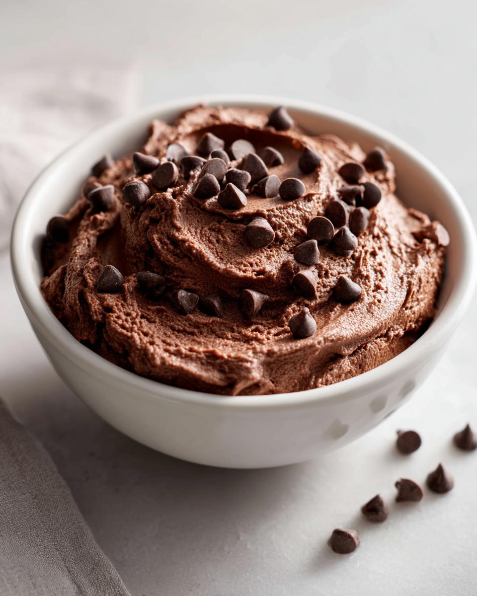 A white bowl filled with thick, rich brownie batter dip, generously topped with mini chocolate chips.