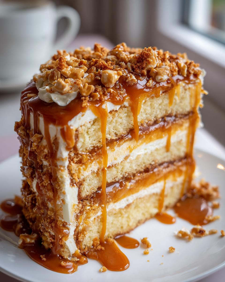 A decadent slice of caramel crunch cake with three layers, dripping with caramel sauce and topped with crunchy nuts.