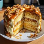 A slice cut from a multi-layered caramel crunch cake, showing filling and topped with caramel drizzle and nuts.