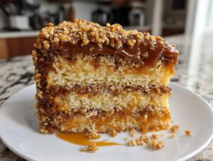 Close-up of a decadent slice of caramel crunch cake showing layers of sponge, caramel filling, and a crunchy nut topping.
