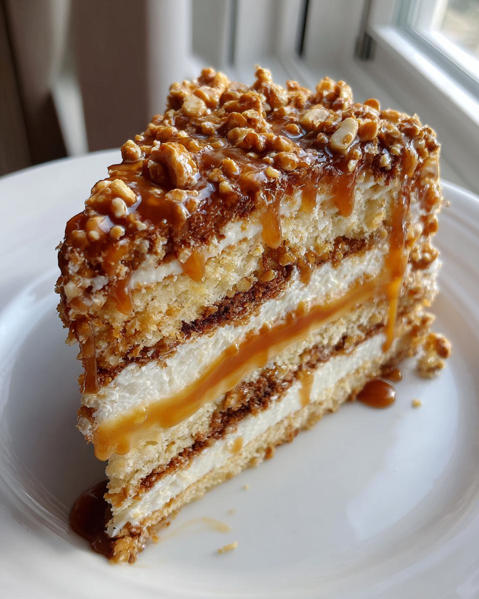 A decadent slice of caramel crunch cake layered with cream, drizzled heavily with caramel sauce and topped with nuts.
