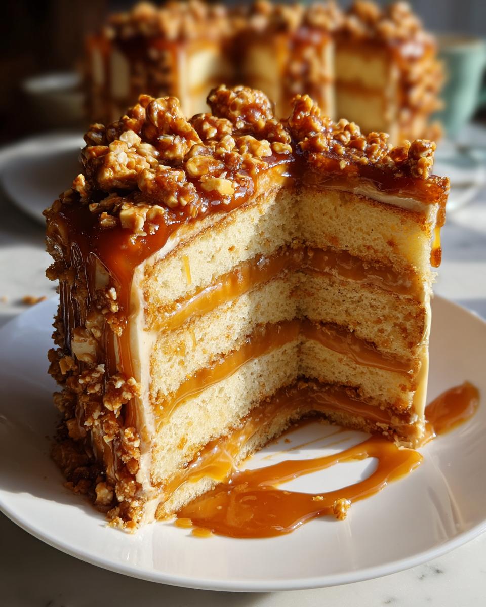 Close-up of a tall slice of caramel crunch cake showing four layers of sponge cake, thick caramel filling, and crunchy topping.
