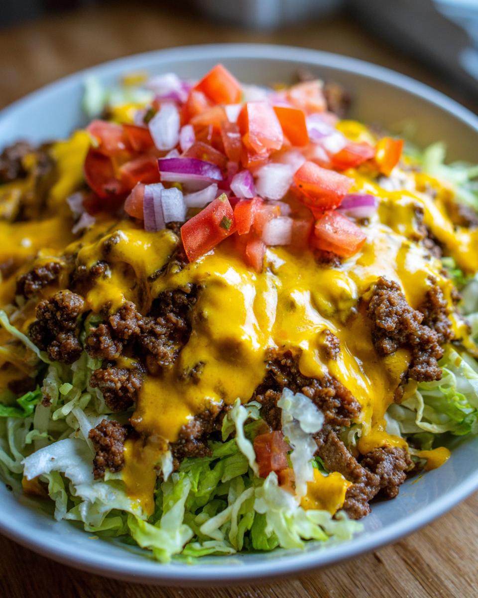 A close-up of a delicious cheeseburger bowl featuring seasoned ground beef, melted cheese sauce, lettuce, and diced tomatoes and onions.