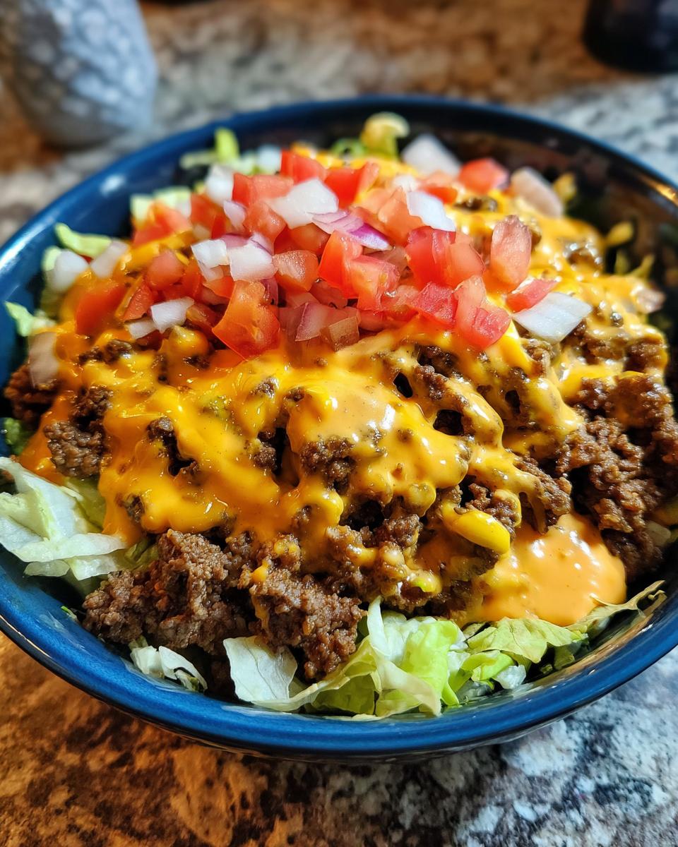 A close-up of a vibrant cheeseburger bowl featuring seasoned ground beef, melted cheese sauce, shredded lettuce, and diced tomatoes and onions.