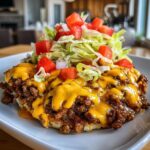 Close-up of a delicious cheeseburger bowl featuring seasoned ground beef, melted cheddar cheese, and fresh lettuce and tomato topping.