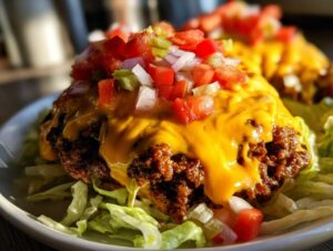 Close-up of a cheeseburger bowl featuring seasoned ground beef topped with melted cheddar cheese and diced tomatoes and onions over shredded lettuce.