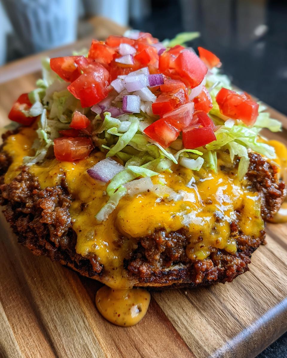 Close-up of a cheeseburger bowl base topped with melted cheddar, lettuce, diced tomatoes, and red onions.