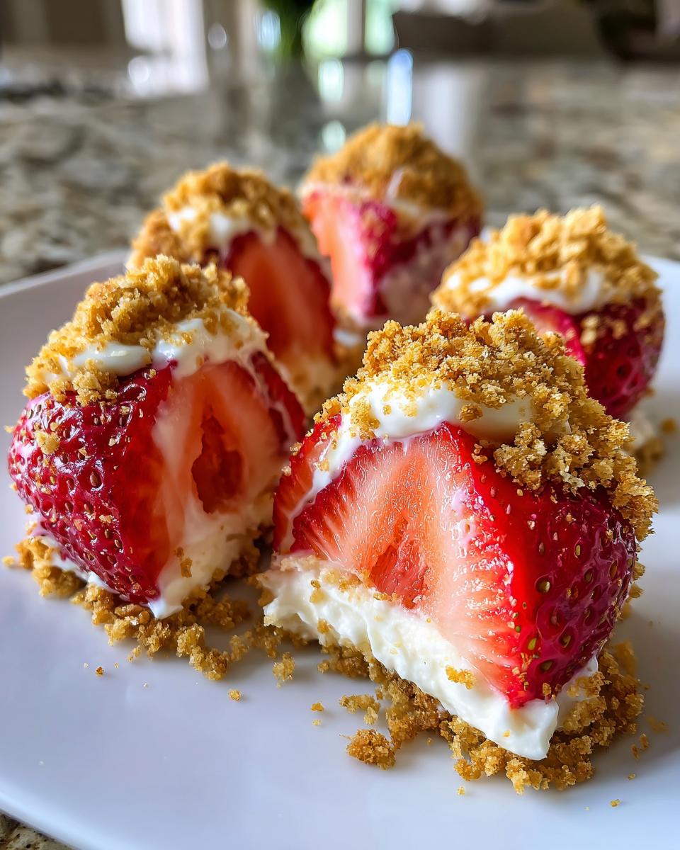 Close-up of cheesecake deviled strawberries, halved to show creamy filling and graham cracker topping.