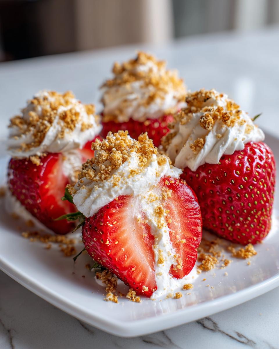 Four fresh strawberries filled with white cream and topped with graham cracker crumbs, showcasing perfect cheesecake deviled strawberries.