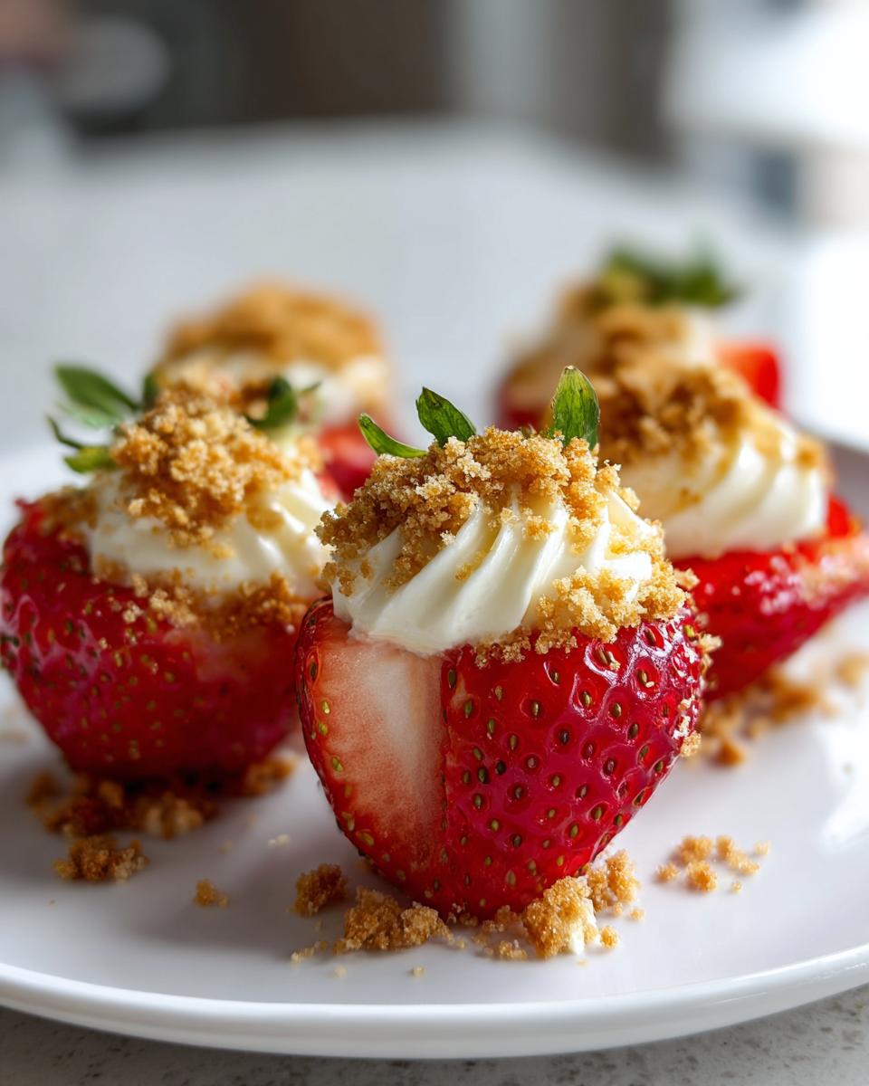 Close-up of cheesecake deviled strawberries filled with cream, topped with graham cracker crumbs and mint.
