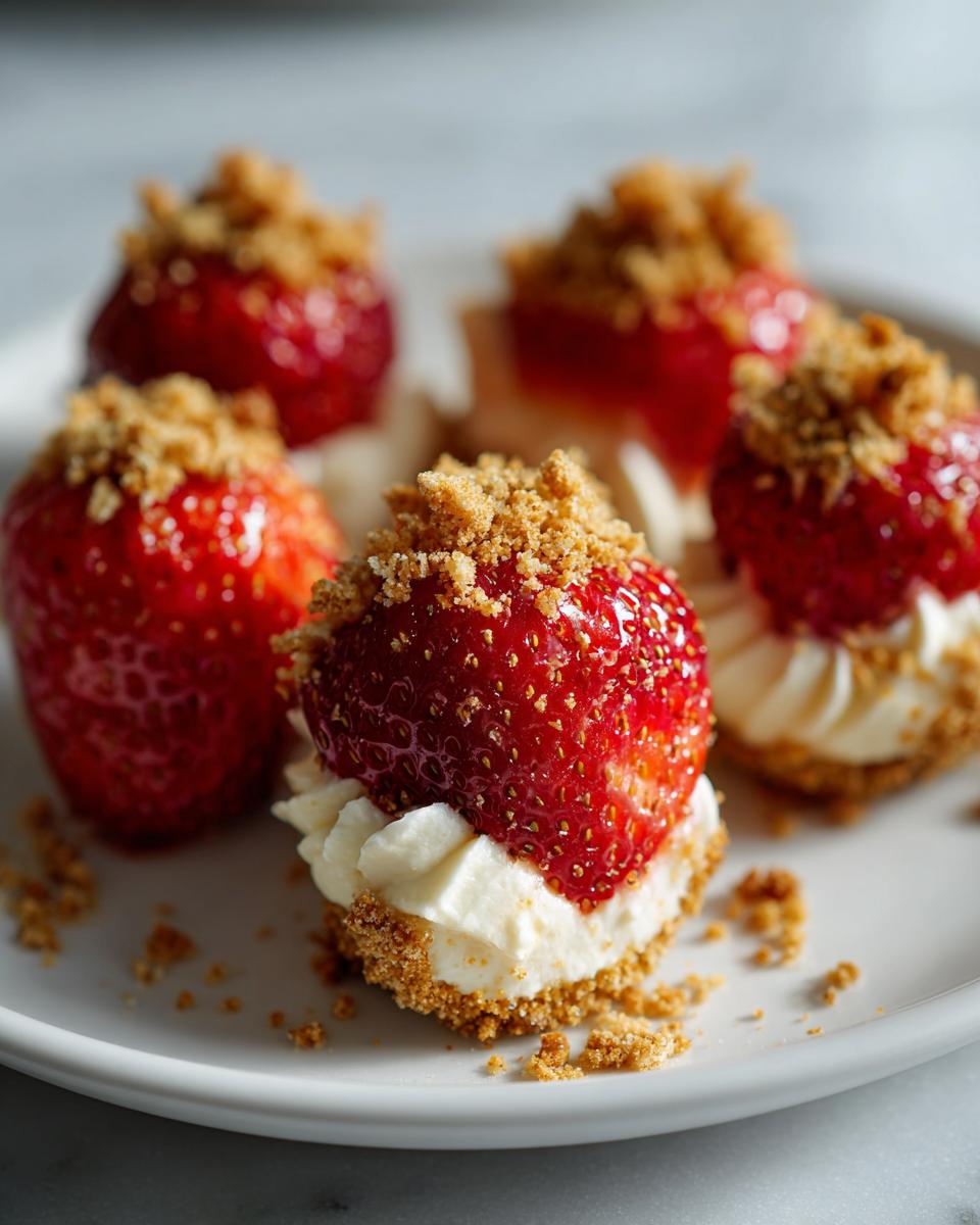 Close-up of cheesecake deviled strawberries filled with cream and topped with graham cracker crumbs.