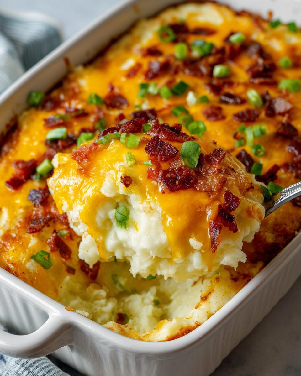 A spoonful of creamy mashed potato casserole topped with melted cheddar cheese, bacon bits, and green onions.