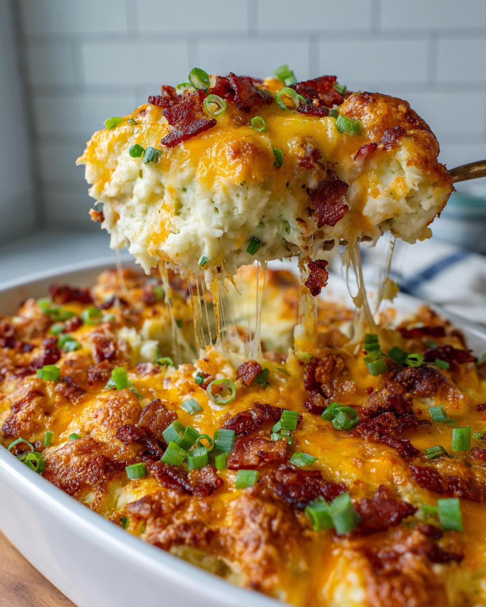 A scoop of cheesy, bacon-topped mashed potato casserole being lifted, showing long cheese pulls.
