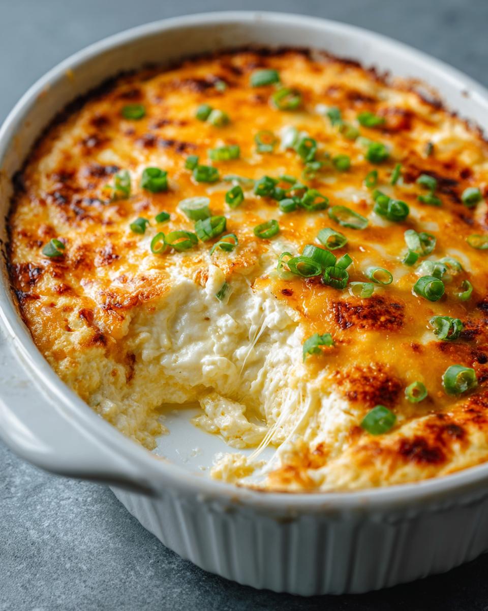 A scoop has been taken out of a hot, cheesy popper dip topped with melted cheddar and sliced green onions.