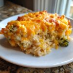 A close-up serving of cheesy chicken and rice casserole topped with melted cheddar cheese and visible broccoli florets.