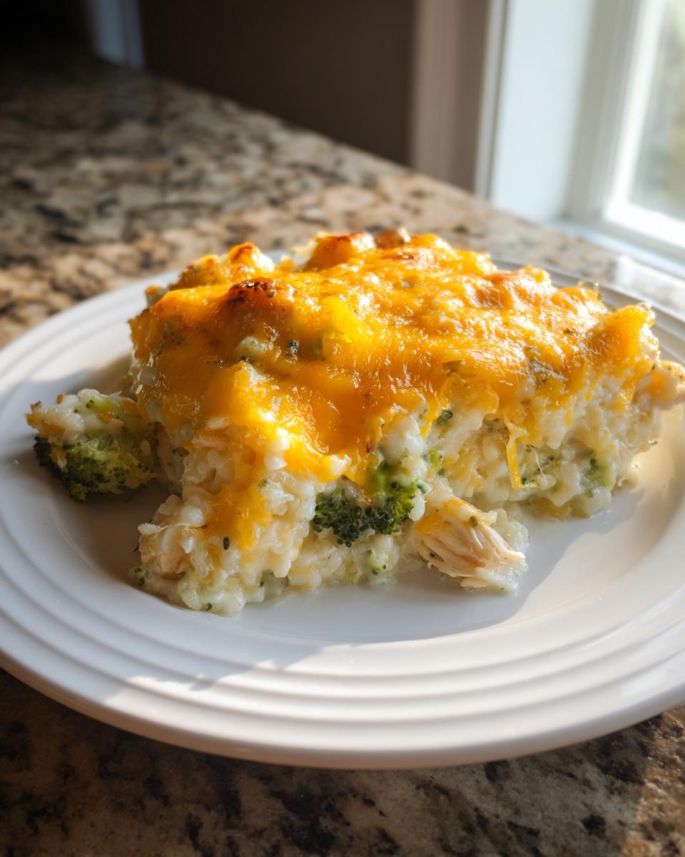 A serving of cheesy chicken and rice casserole with visible broccoli florets, topped with melted cheddar cheese.