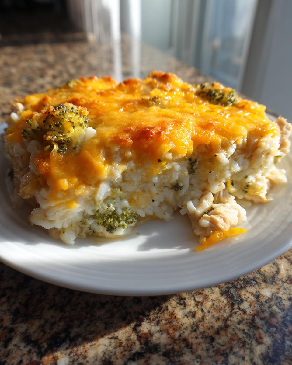 A square serving of cheesy chicken and rice casserole topped with melted cheddar cheese and broccoli florets.