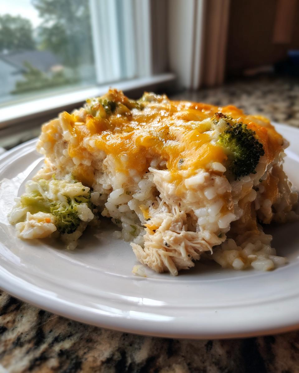 A close-up serving of cheesy chicken and rice casserole topped with melted cheddar and chunks of broccoli.