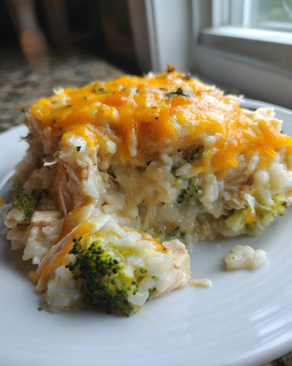 A close-up serving of cheesy chicken and rice casserole topped with melted cheddar cheese and visible broccoli florets.