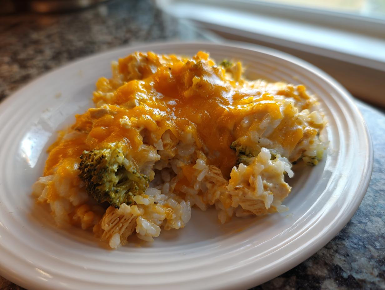 A serving of cheesy chicken and rice casserole topped with melted cheddar cheese and broccoli florets.