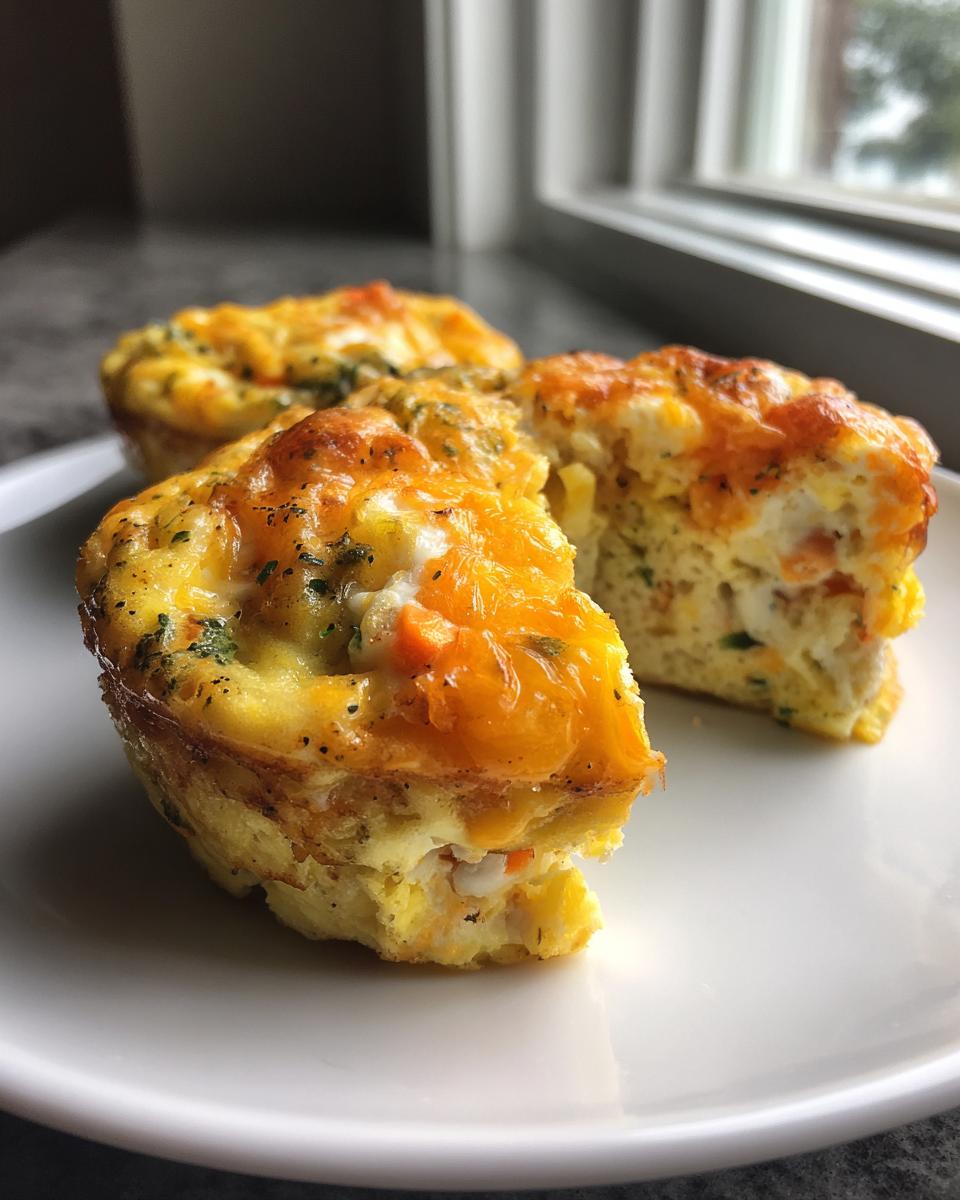 Three cheesy egg muffin cups on a white plate, one is cut in half showing the fluffy interior and vegetables.