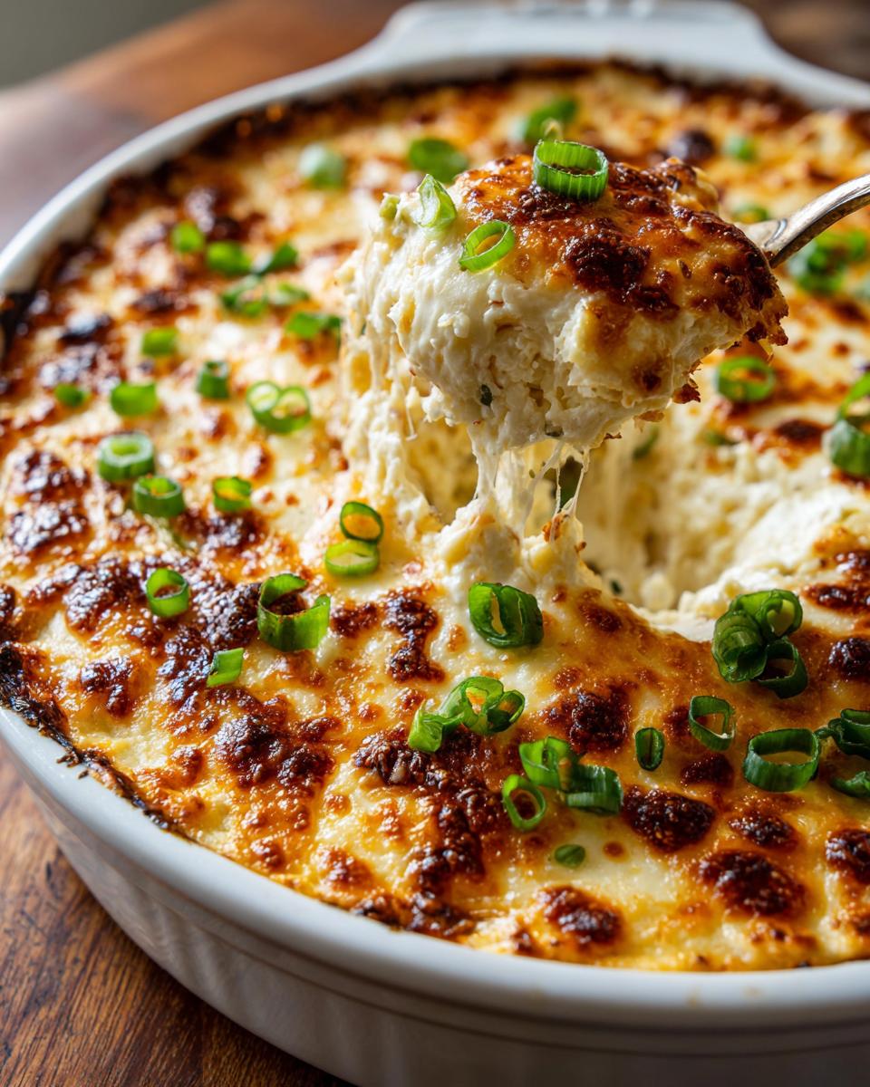 A spoonful of hot, cheesy popper dip being lifted from a white baking dish, showing gooey cheese pull.