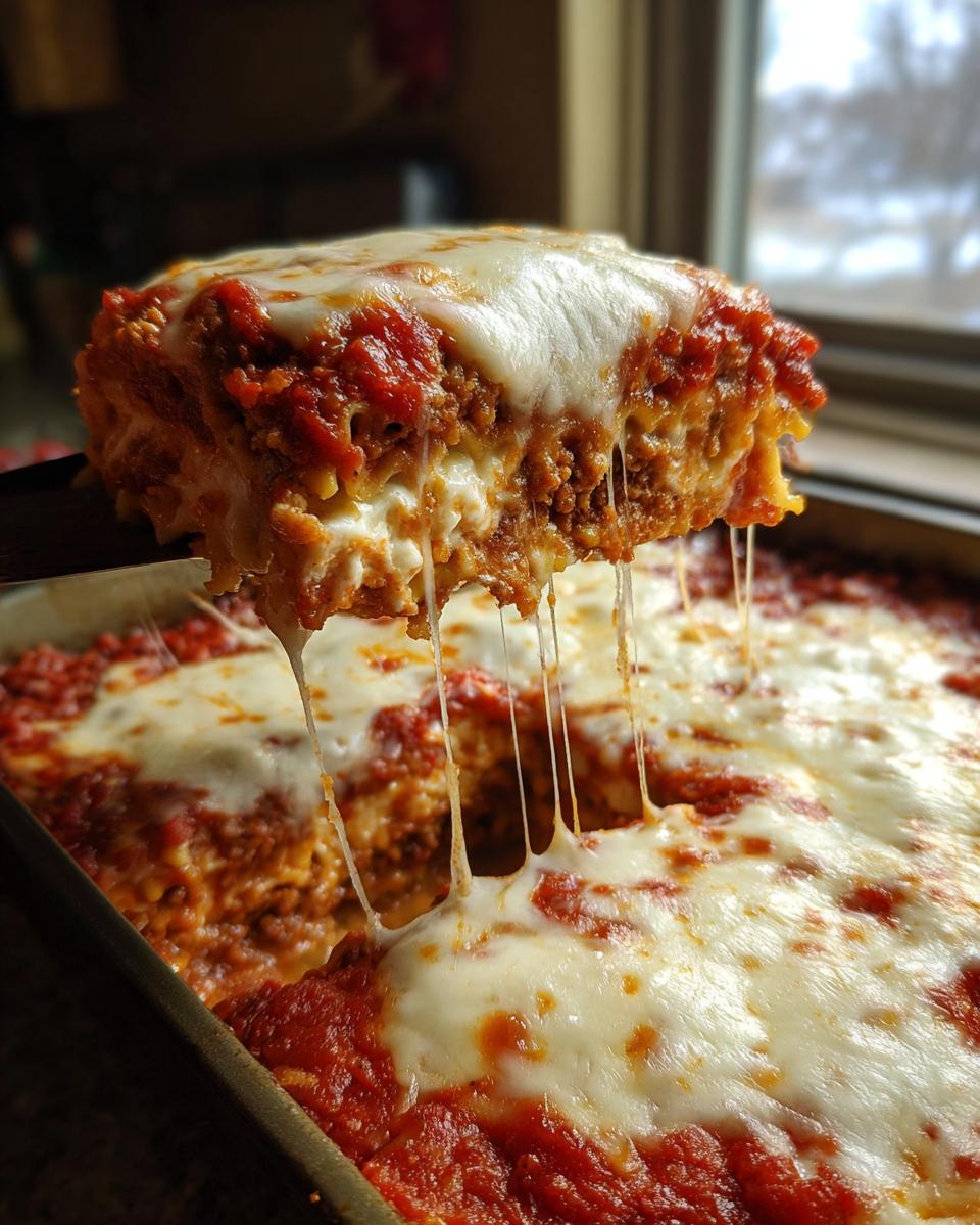 A cheesy slice of lazy lasagna is lifted from the pan, showing long, gooey cheese pulls.