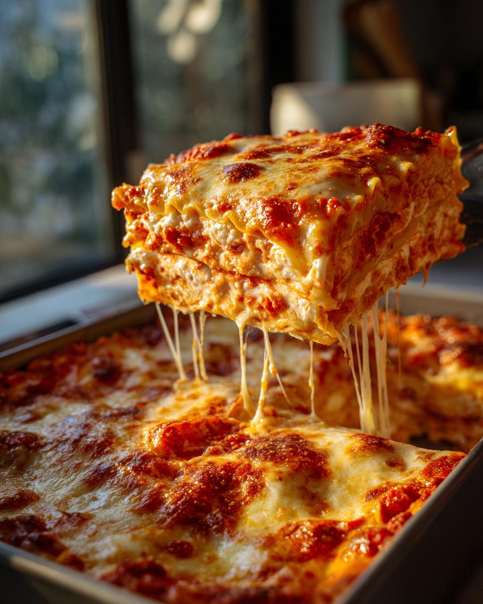 A perfect, cheesy slice of lazy lasagna is lifted from the pan, showing long, gooey cheese pulls.